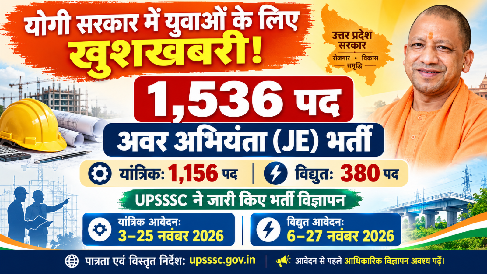 प्रदेश के युवाओं के लिए बड़ा अवसर, अवर अभियंता के 1,536 पदों पर आवेदन नवंबर से शुरू.