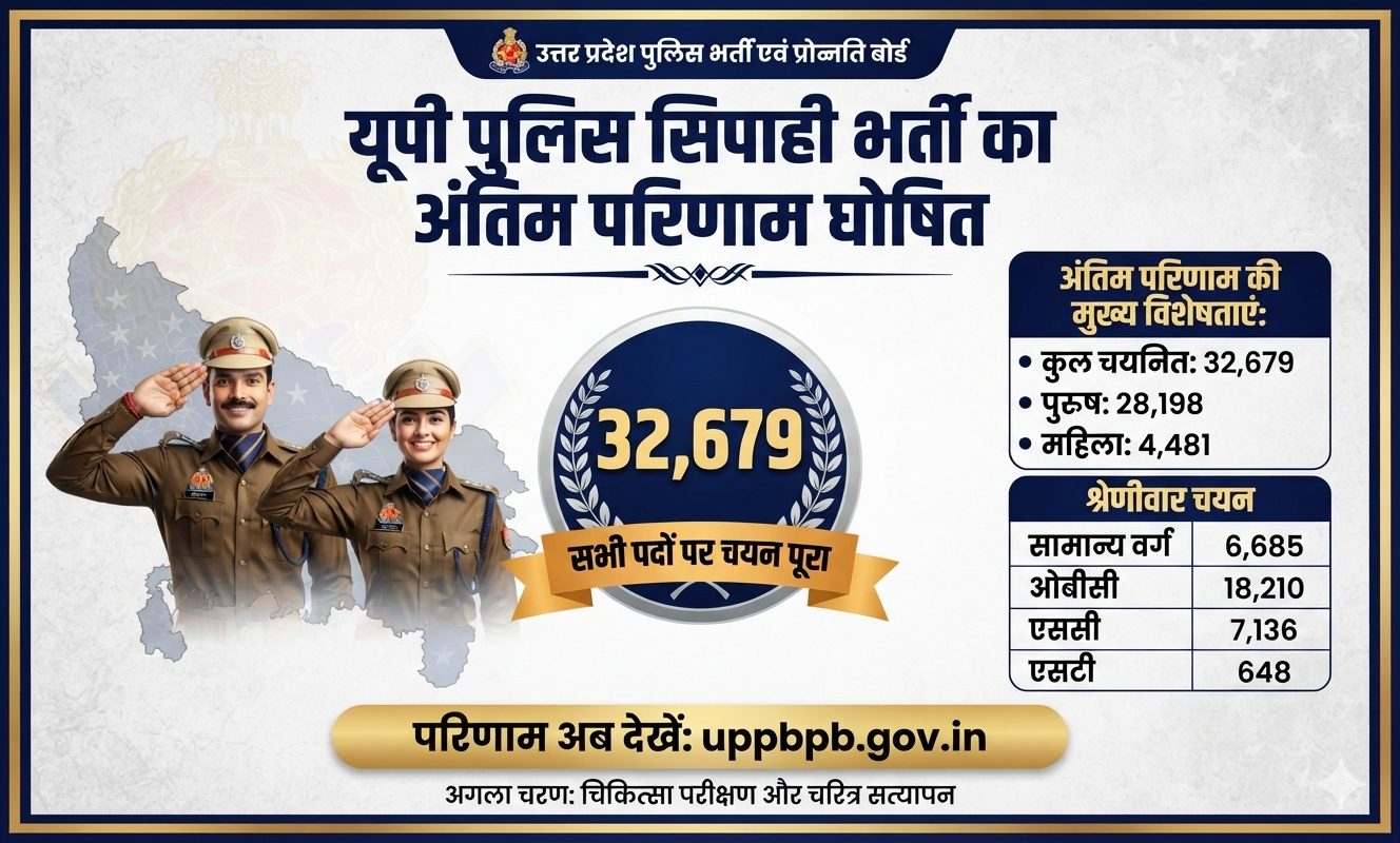 यूपी पुलिस सिपाही भर्ती का अंतिम परिणाम घोषित, सभी 32,679 पदों पर चयन पूरा